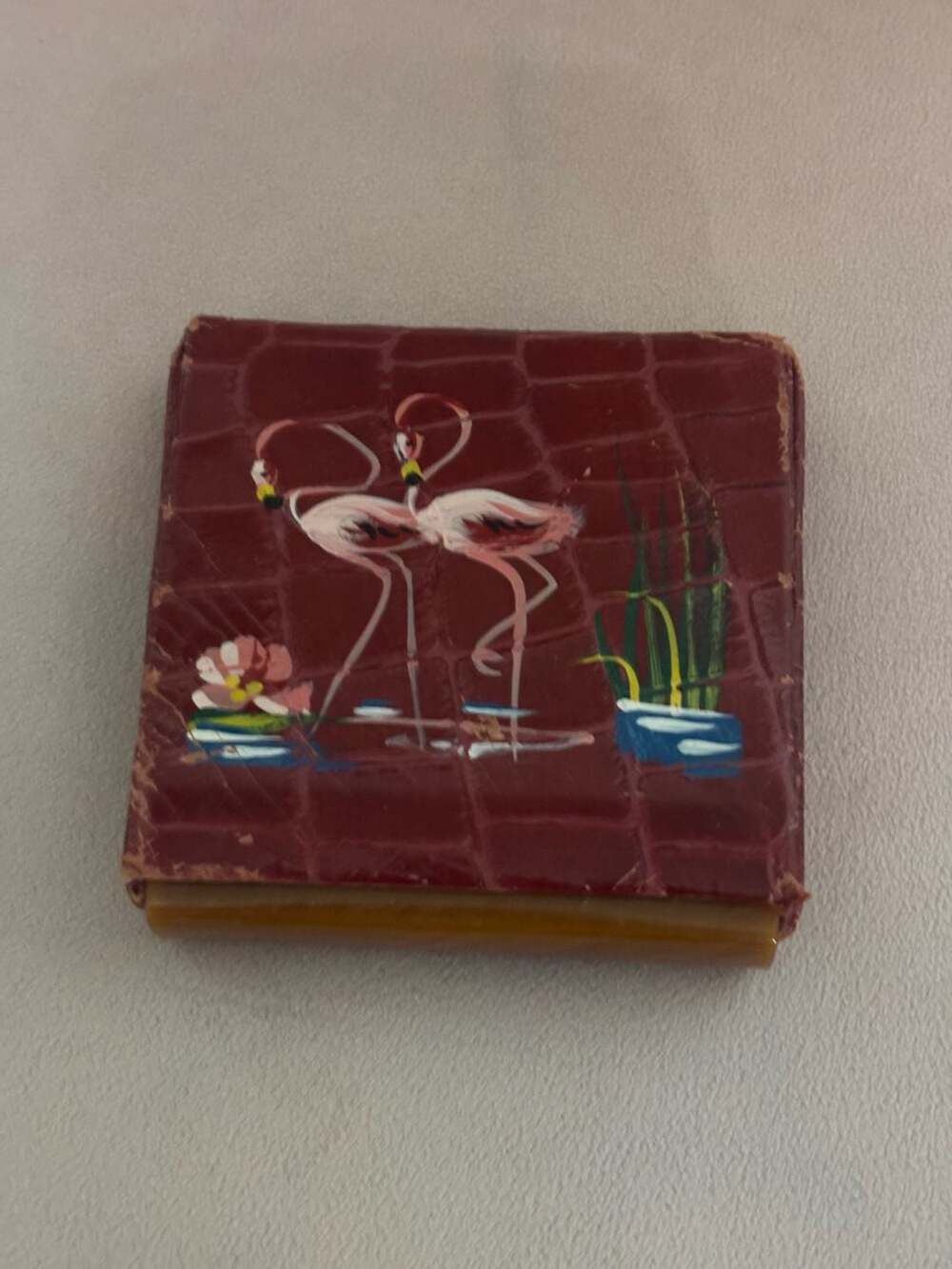 Rex Fifth Ave Vintage Flamingo Red Leather Lucite Compact